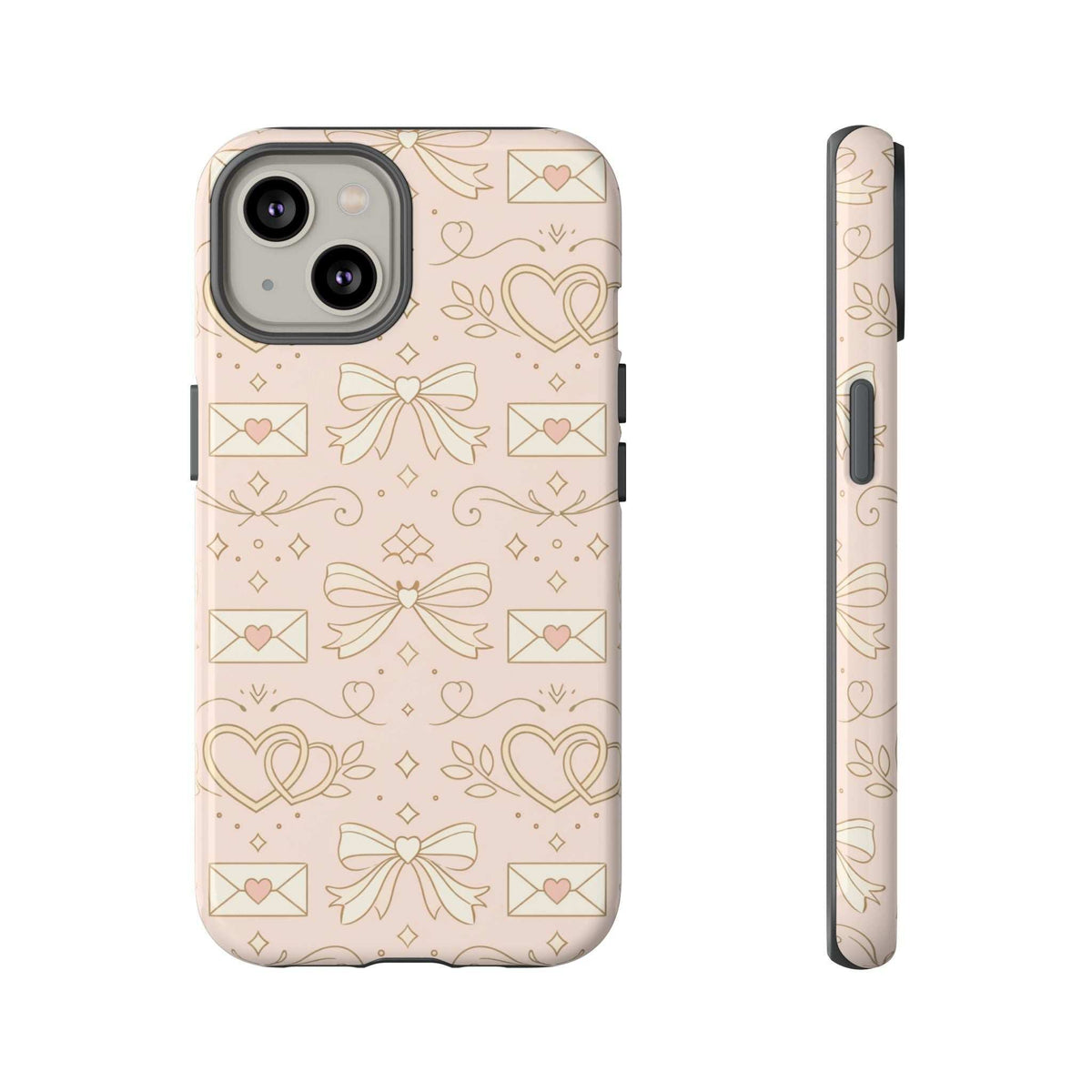 Blush pink tough phone case with heart and bow motif; back camera cutouts and side view.