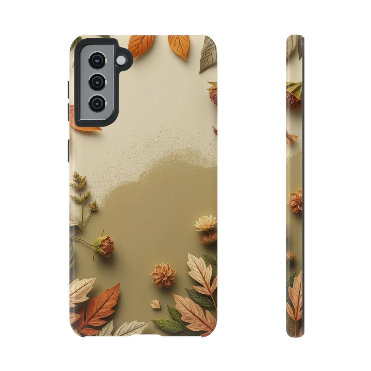 Phone case with autumn leaves pattern, beige background, and rear camera cutouts