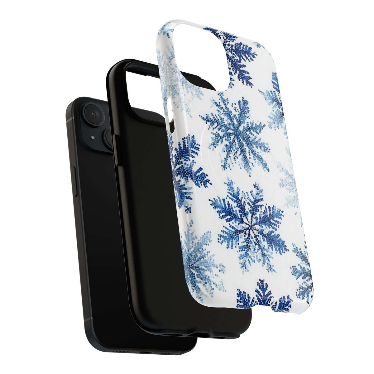 Snowflake phone case with blue snowflake pattern on white, with camera cutouts