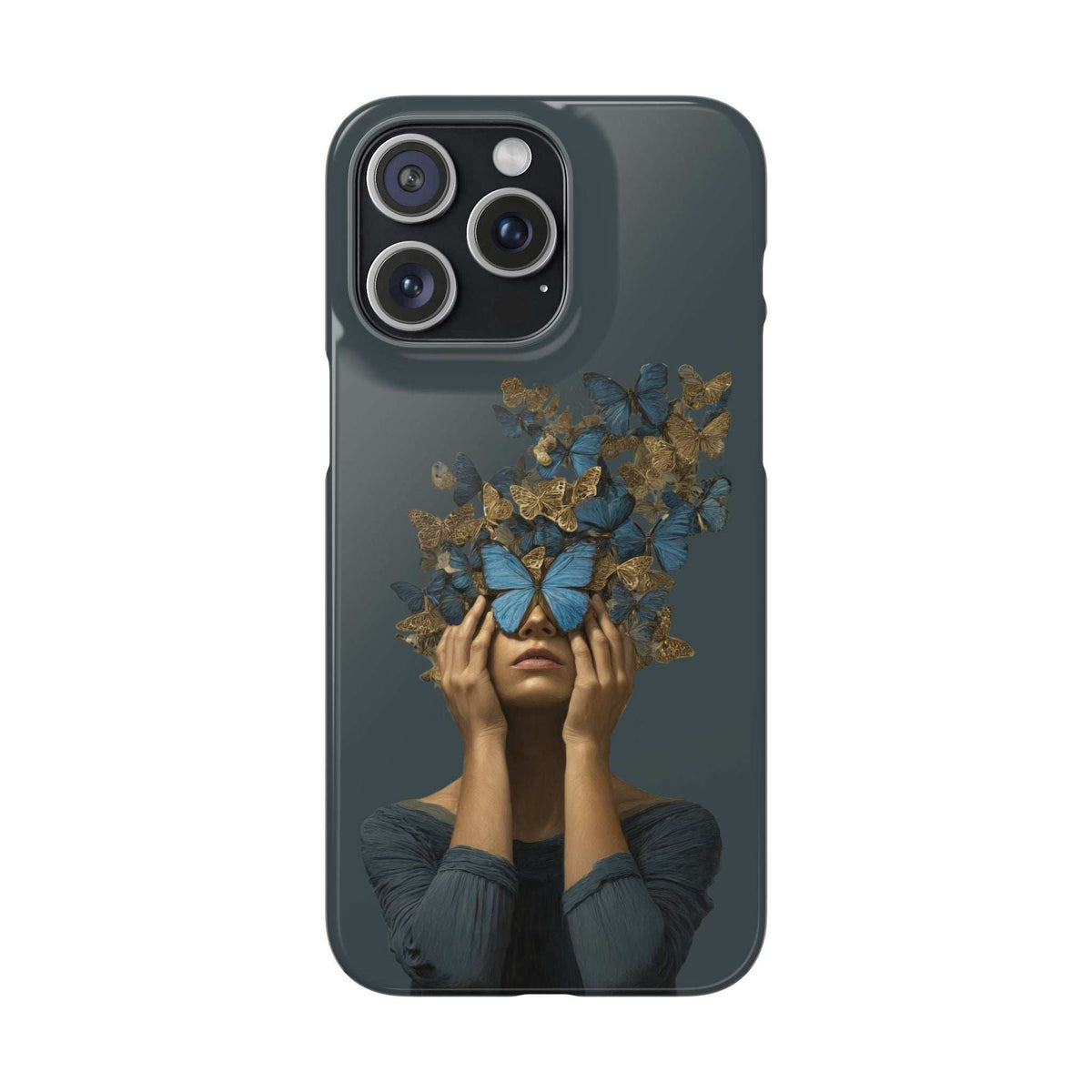 Dark blue phone case with gold butterfly artwork and blue butterfly detail, front view.