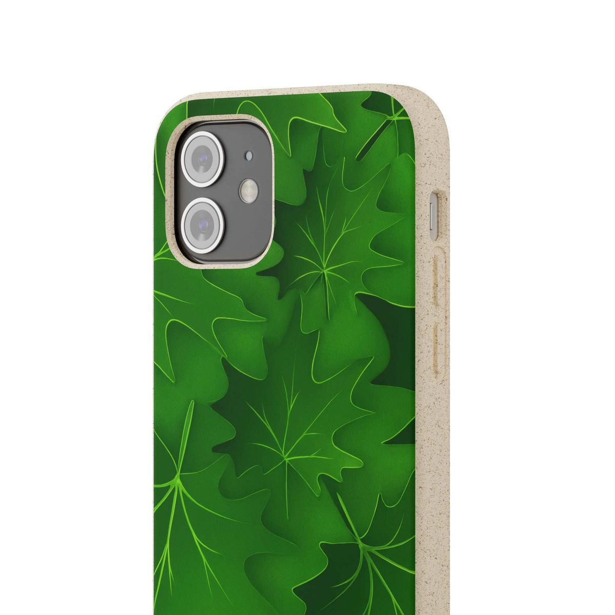 Green botanical leaf phone case with camera cutouts, beige side bumper.