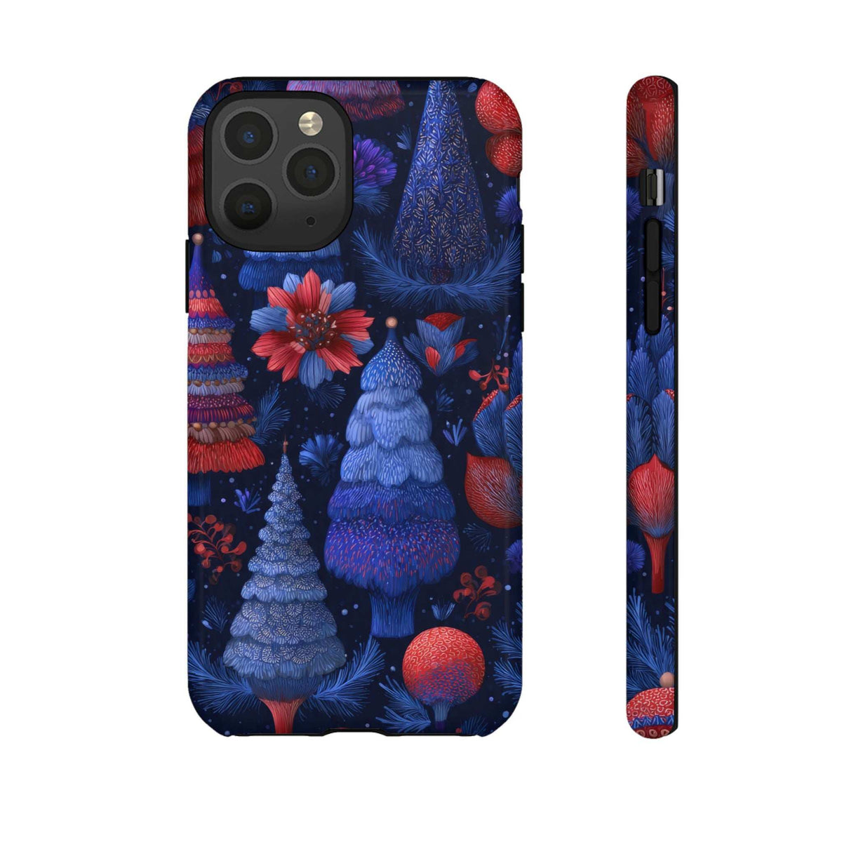 Glossy midnight blue phone case with Christmas forest trees, red ornaments, and camera cutouts.