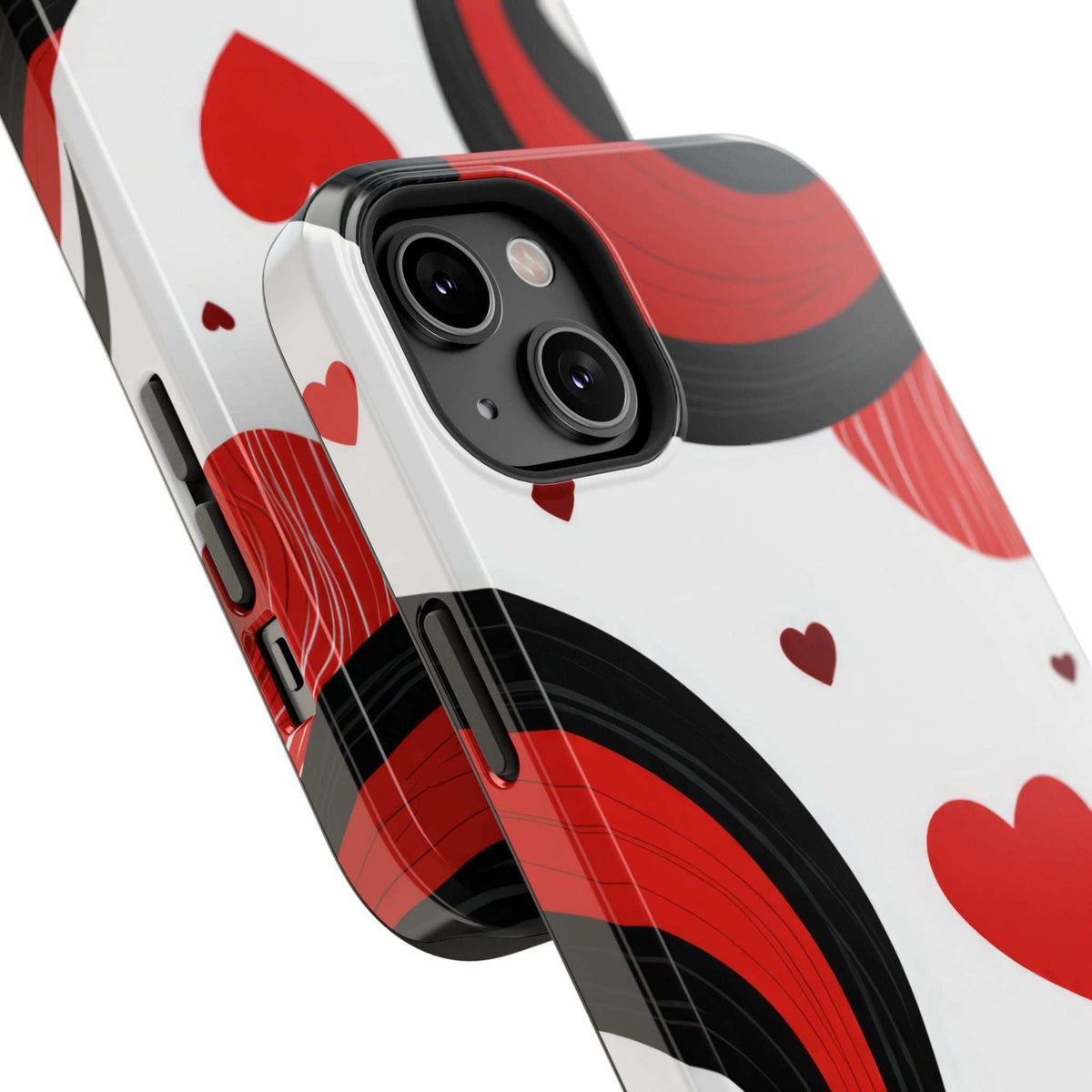 Glossy phone case angled view with red heart design and camera lens cutouts