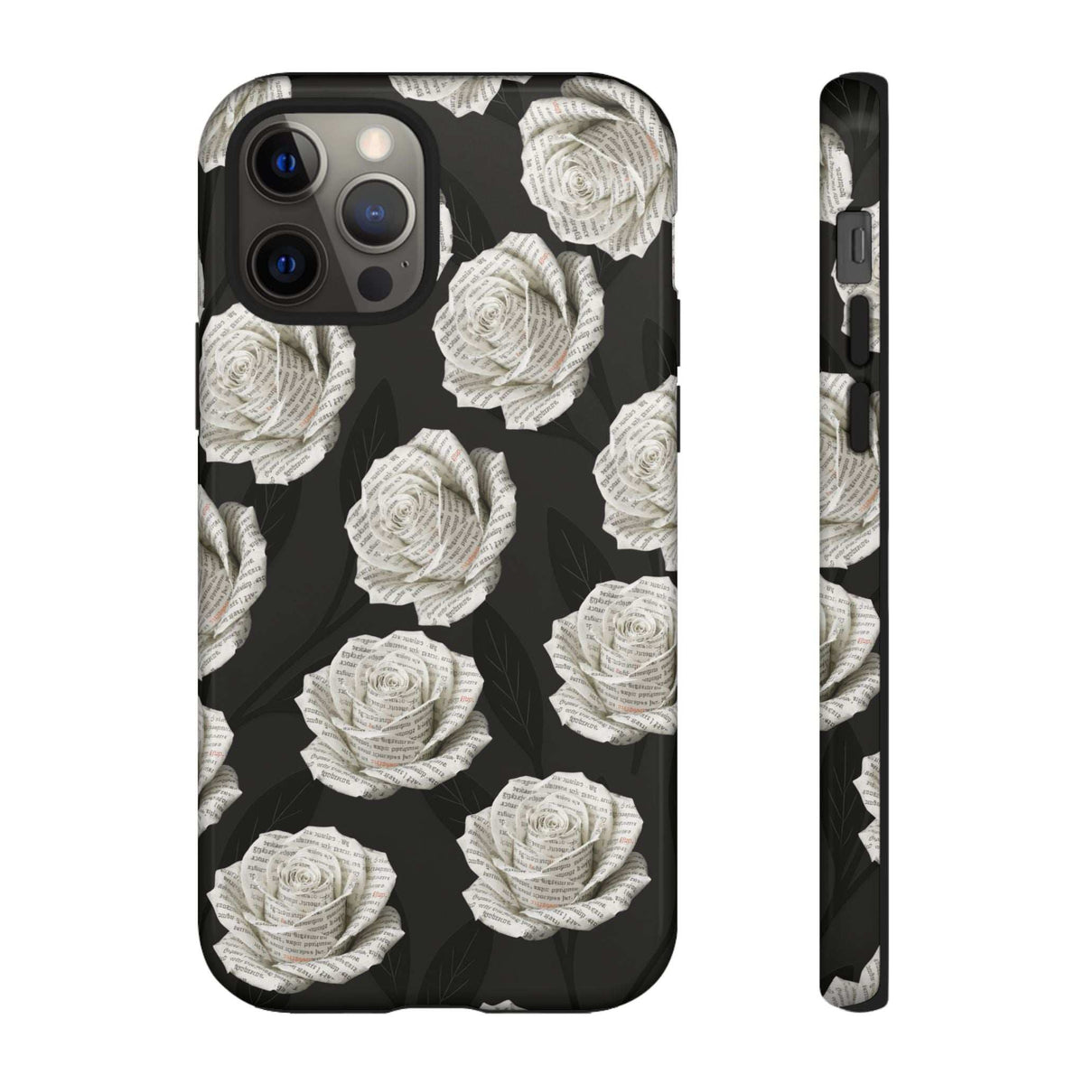 Silent Bloom phone case with white roses on black; back view shows triple camera cutouts