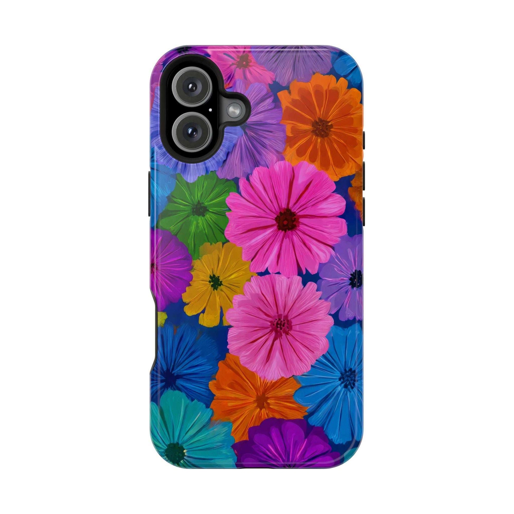 Floral phone case with multicolor blossoms design and visible camera module cutouts