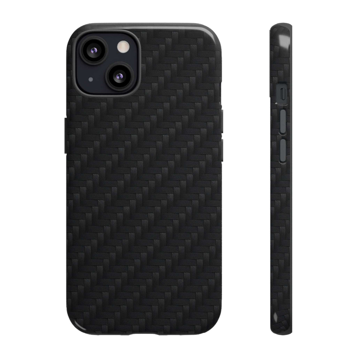Black carbon fiber phone case with dual camera cutout, glossy finish, front and side