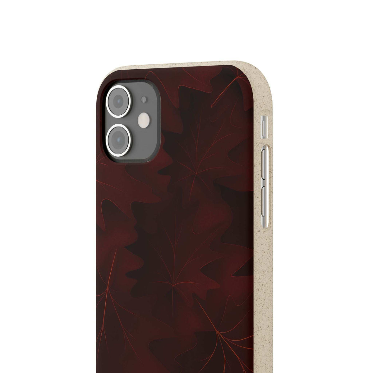 Maroon leaf-pattern phone case showing side buttons and camera cutout