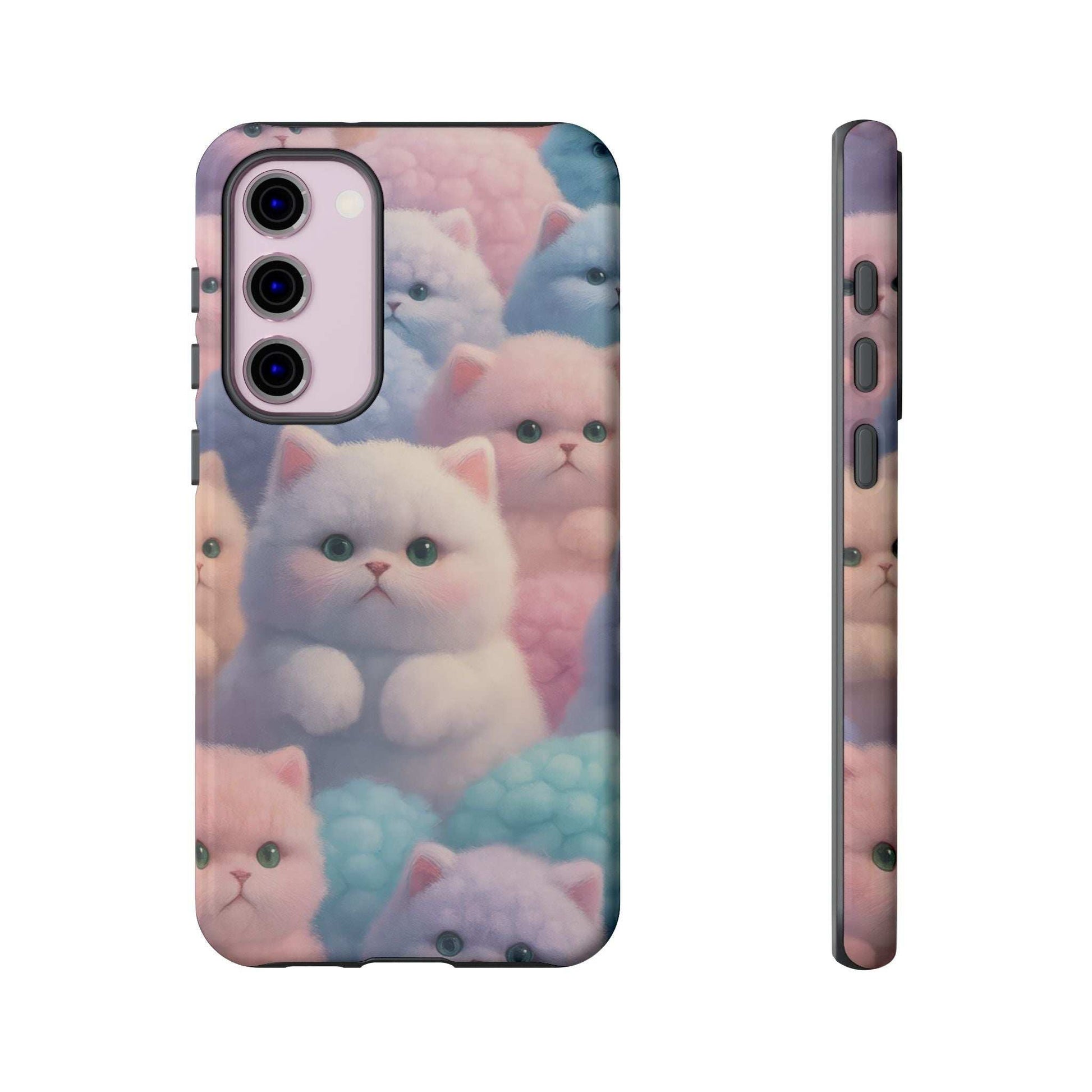 Pastel kitten phone case back with camera guard, glossy design with cat eyes