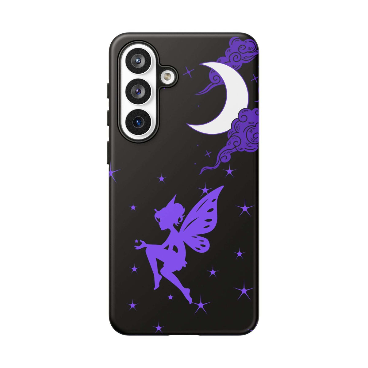 Black phone case featuring a purple fairy, crescent moon, and twinkling star pattern.