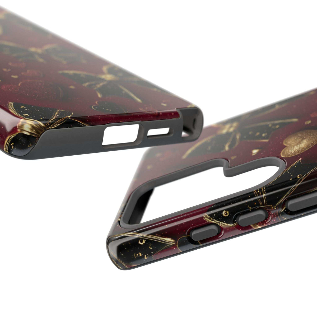 Glossy burgundy phone case with gold heart and key motifs, side button and port cutouts
