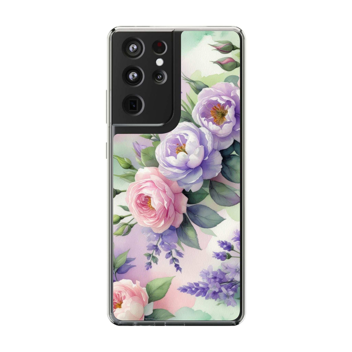 Clear phone case with floral print and transparent edges; pink and lavender flowers