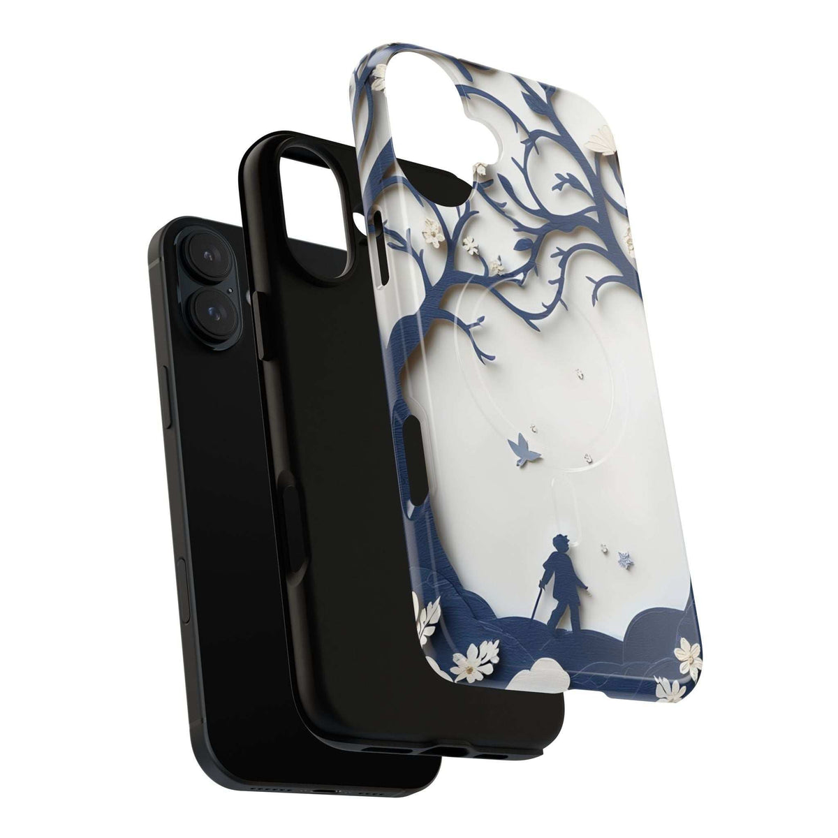 Nature silhouette phone case for iPhone 13-17 with blue branches, birds, and flowers