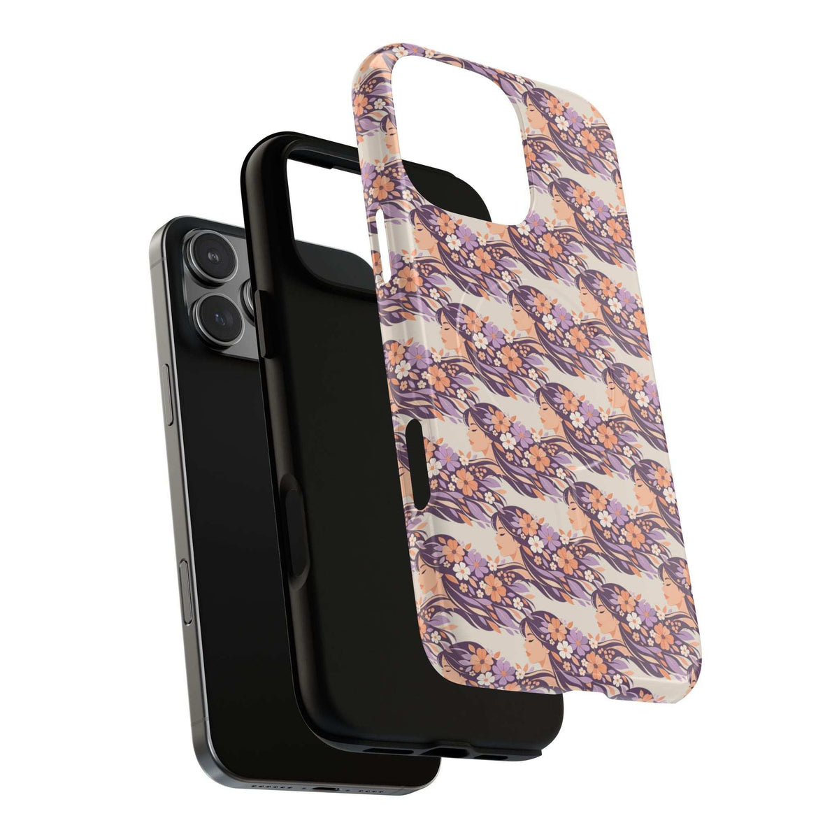 Floral phone case with pastel purple and pink floral design and raised camera area