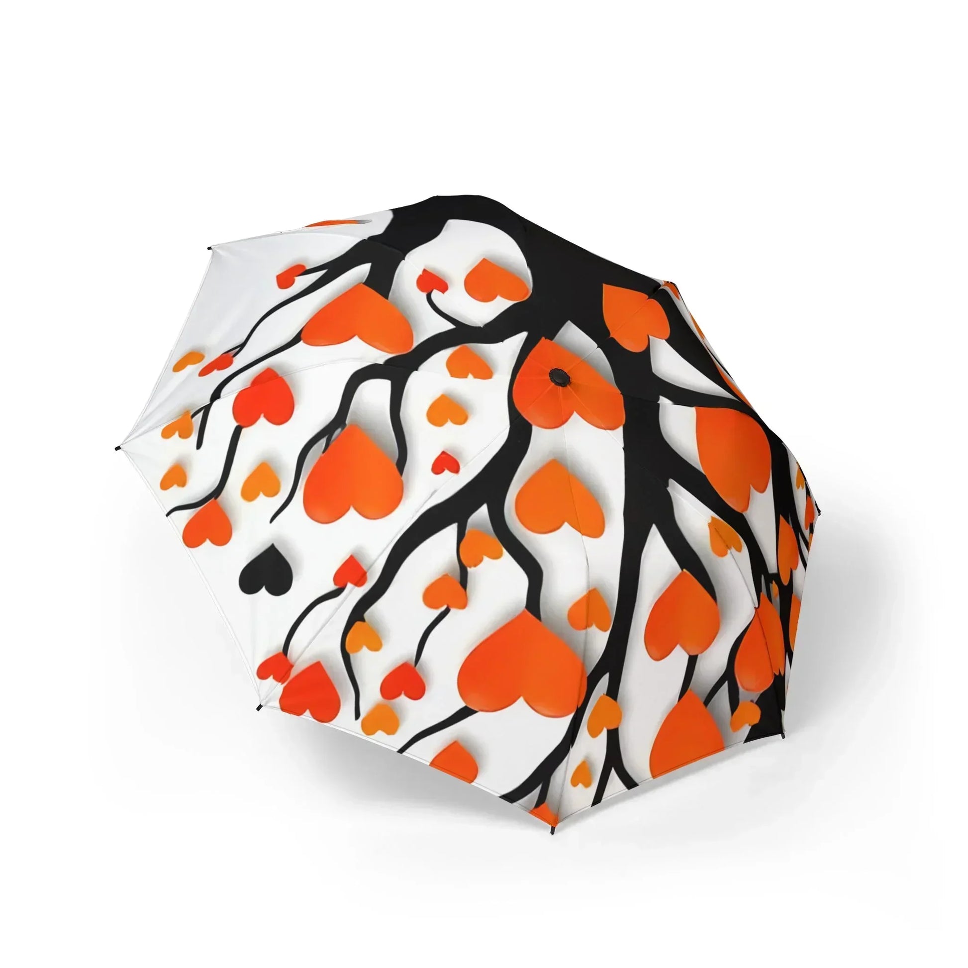 Romantic Heart Tree Foldable Umbrella with Orange & Red Accents on White Canopy - KarArmDesign