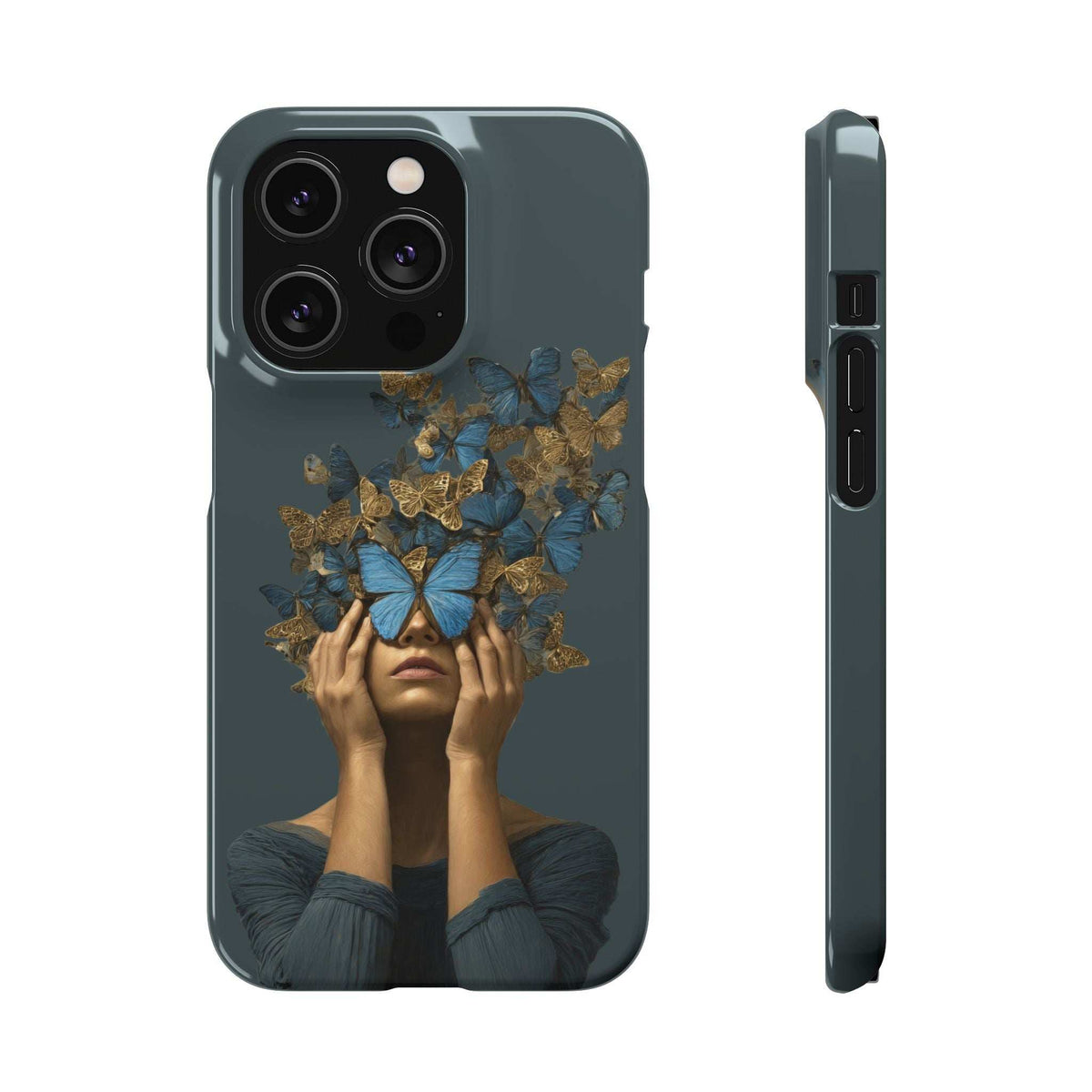 Dark blue phone case with gold butterfly and face art, with side buttons and camera cutouts.