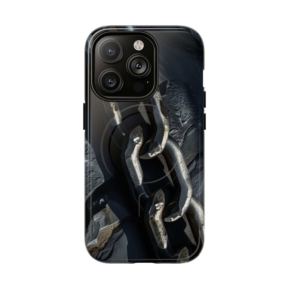 Black rugged magnetic phone case with iron chain design and triple camera cover