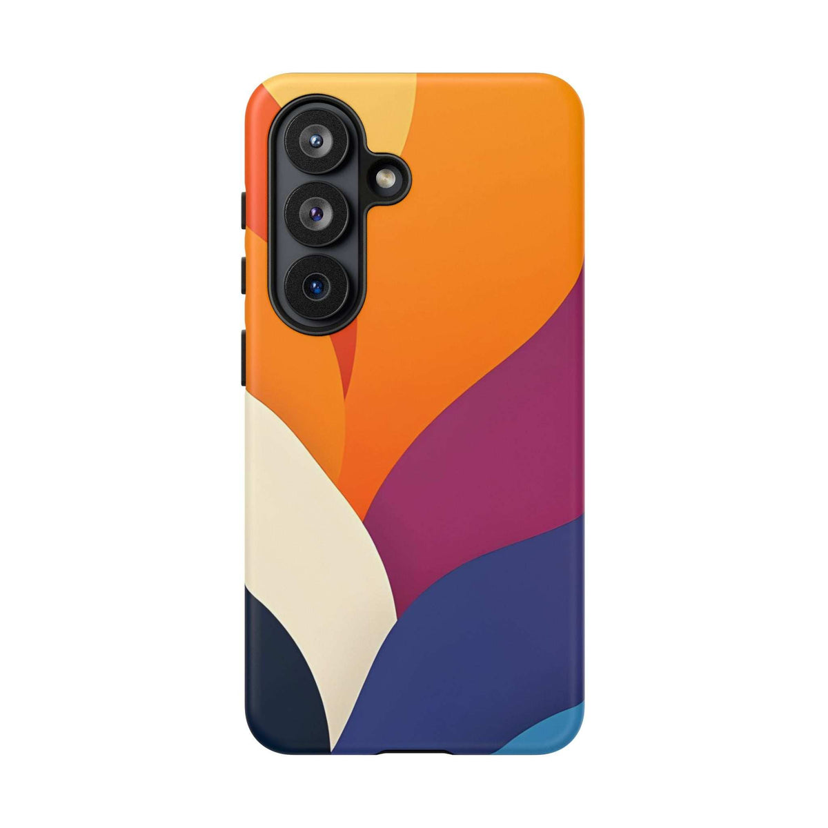 Abstract phone case with orange and magenta curves, navy corner, and three lens openings.