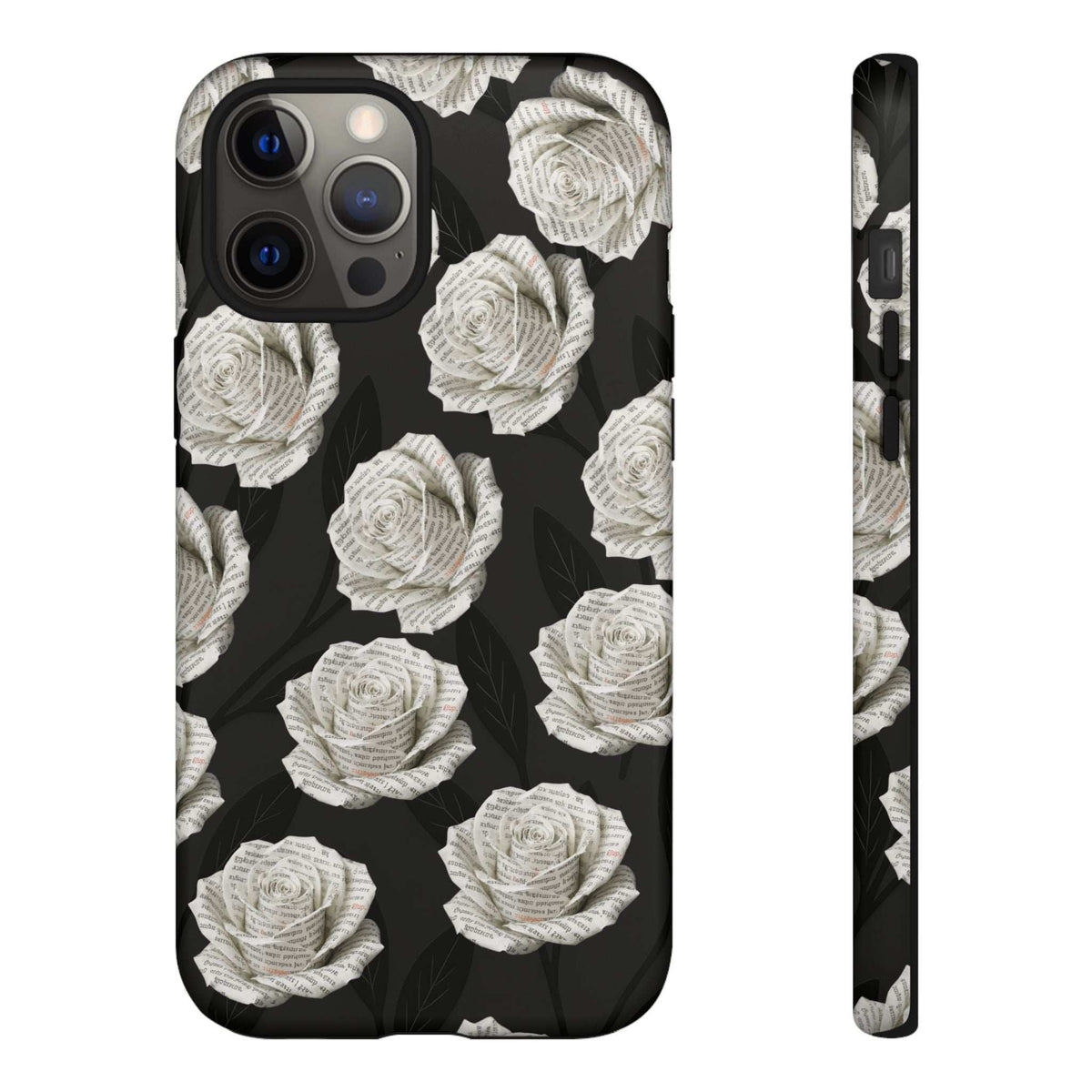 Phone case with black background and white rose pattern, side view and camera cutouts