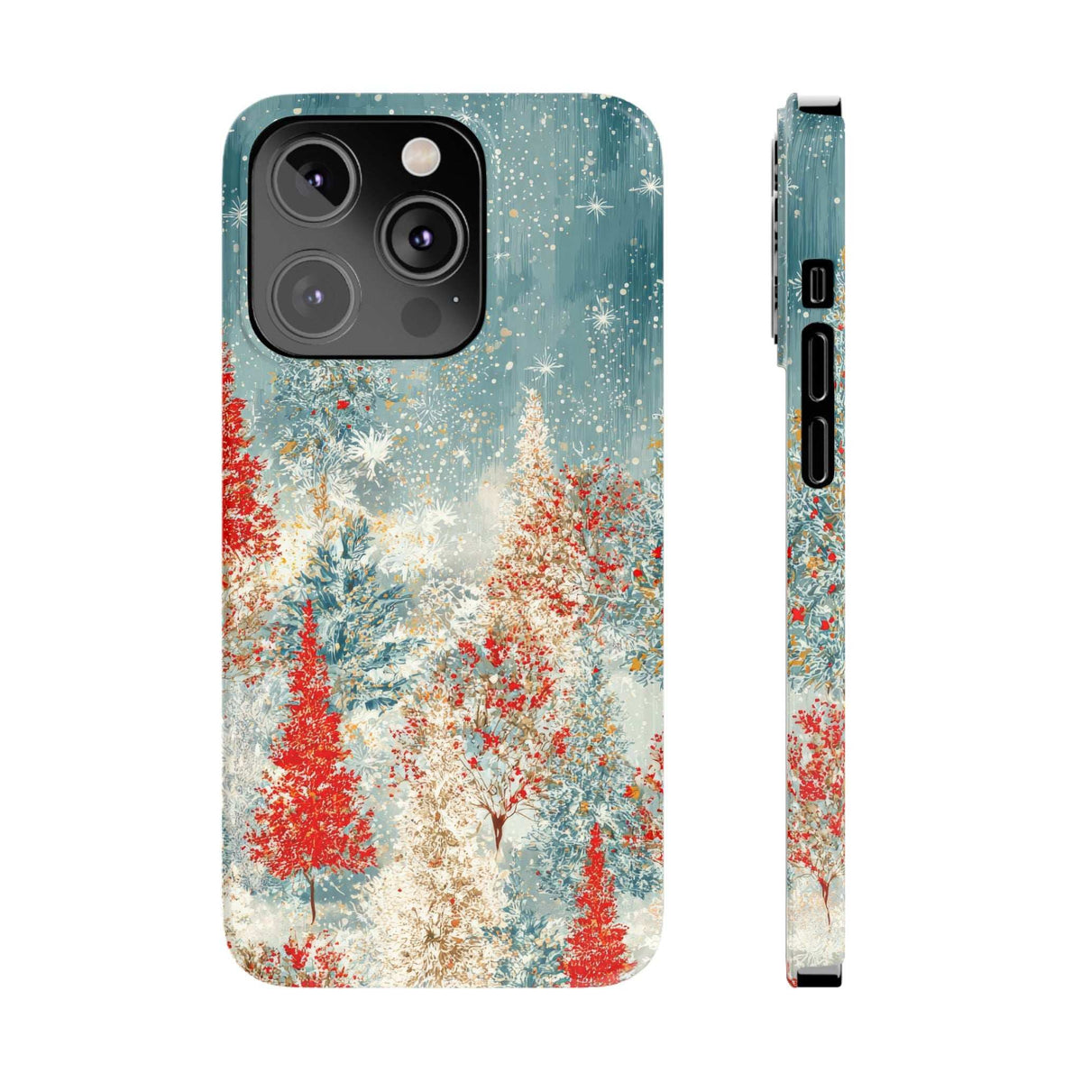 Snowy forest phone case with teal backdrop, red evergreen trees, white sparkles; camera lenses