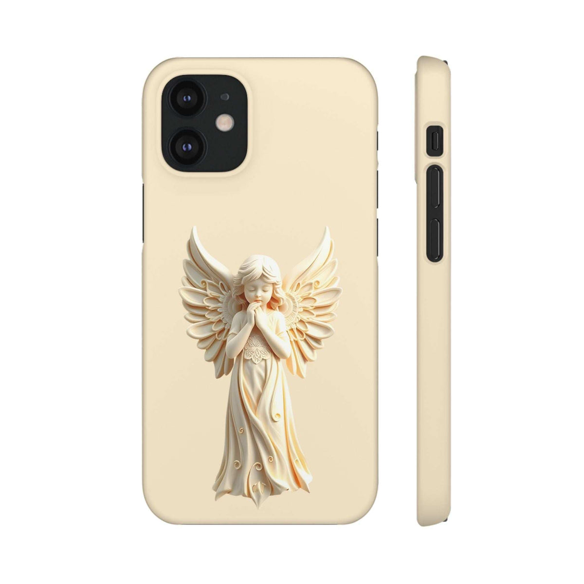 Beige phone case with angel figure design and dual camera cutouts, side buttons visible