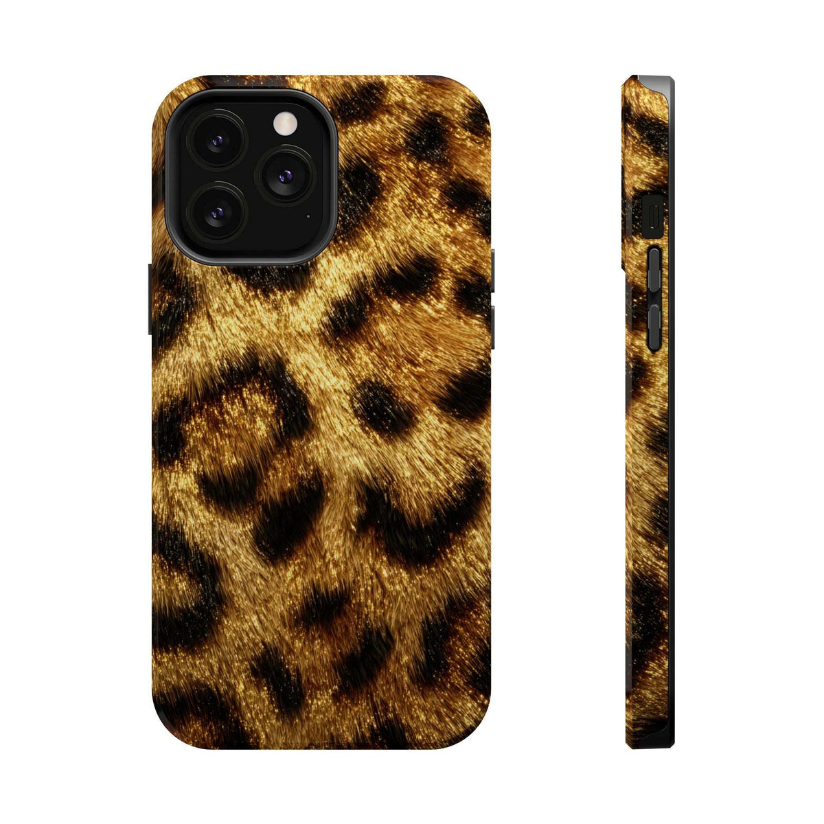 Leopard print phone case with glossy yellow-and-black fur print; camera cutouts on back