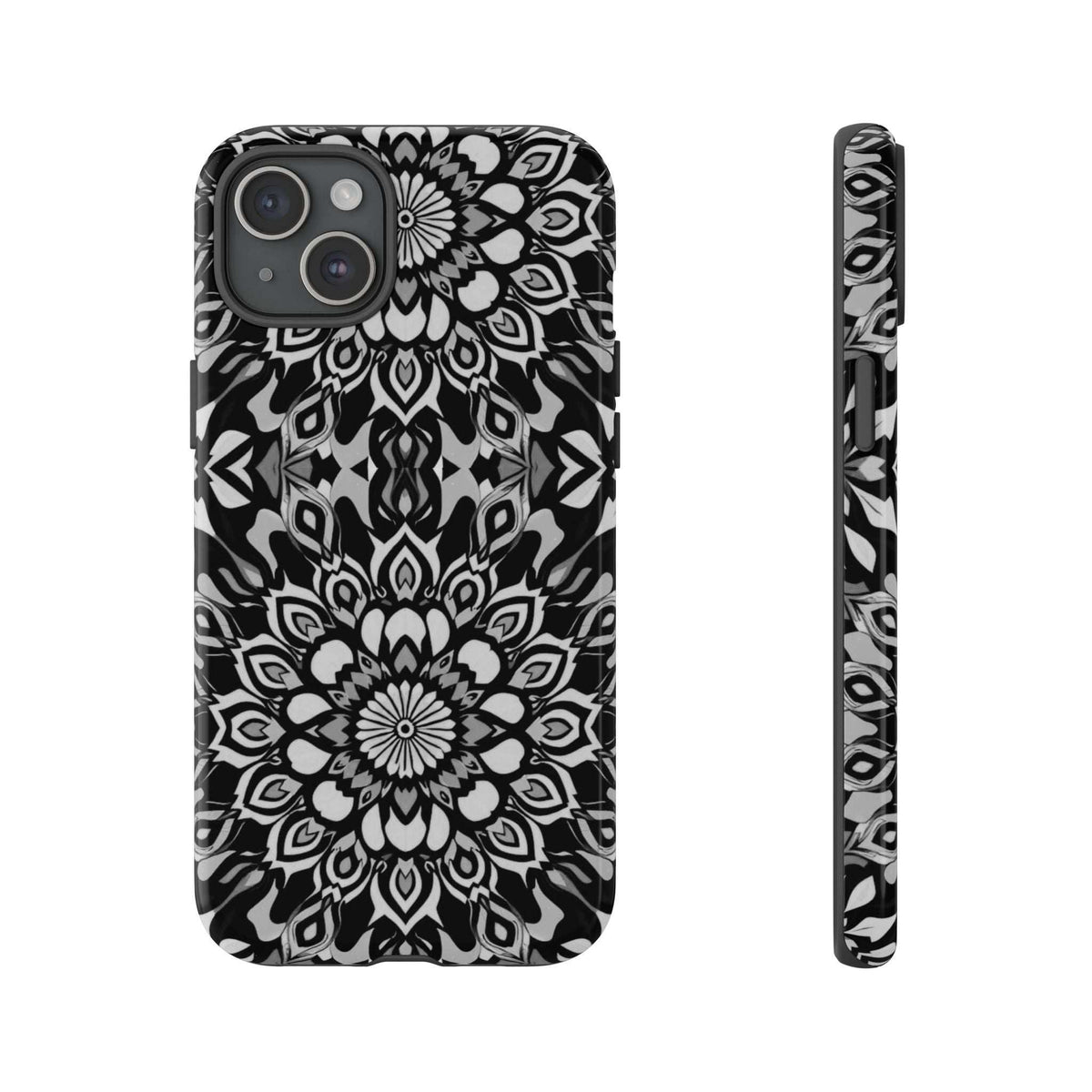 Mandala phone case with black-and-white floral mandala pattern and 1-camera module