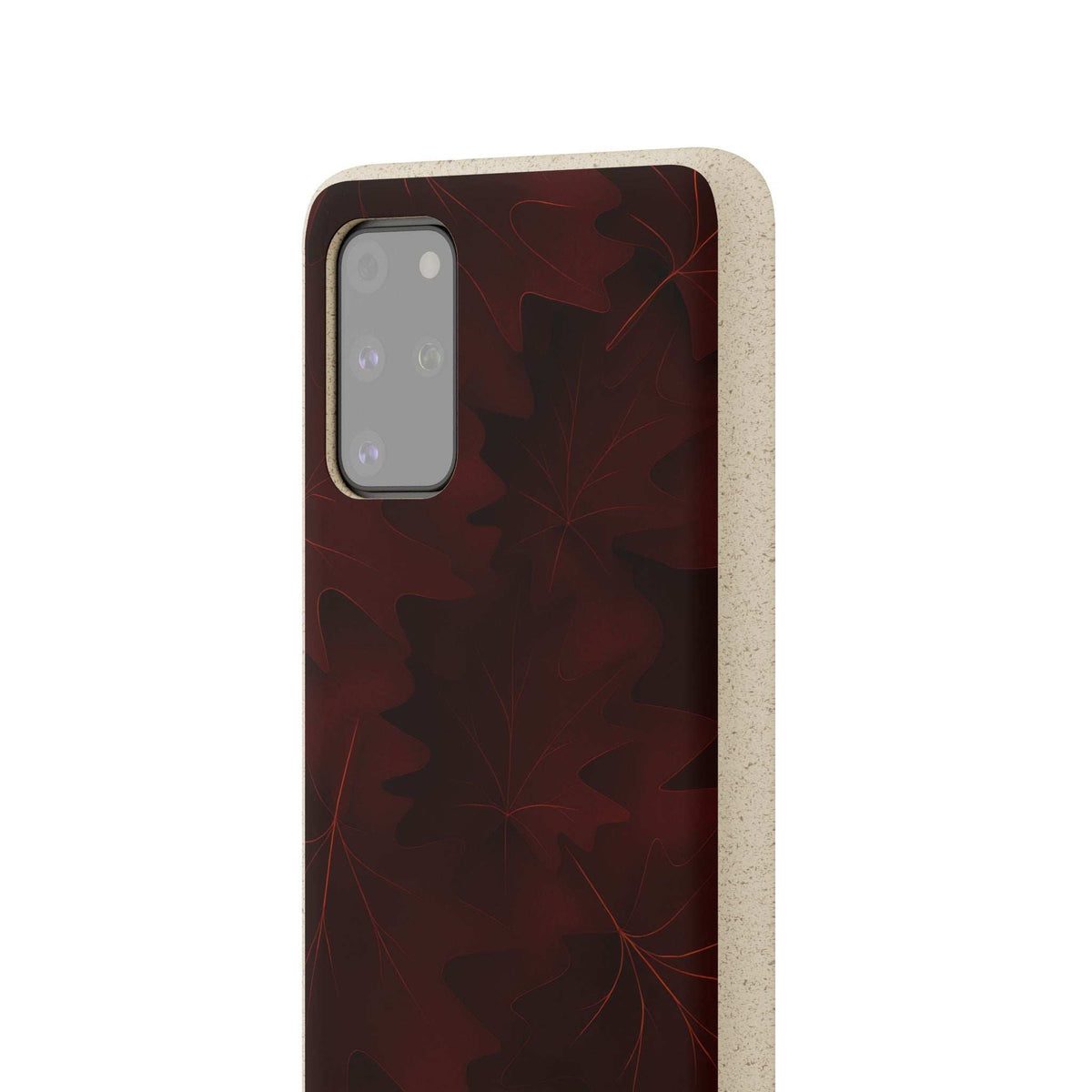 Phone case back with burgundy leaf pattern and beige border, camera cutout