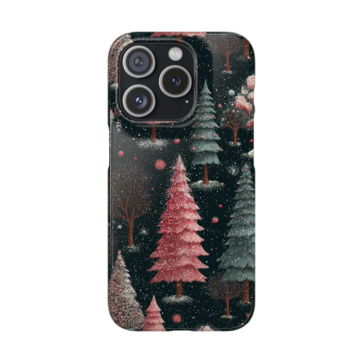 Glossy phone case with dark winter forest and pink trees; multi-camera cutout