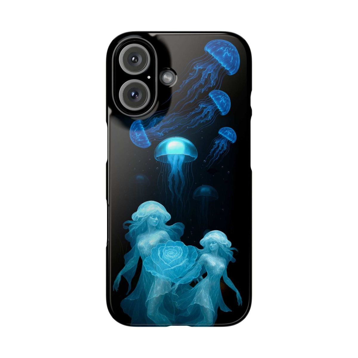 Black iPhone case with blue jellyfish and a glowing rose design across the back