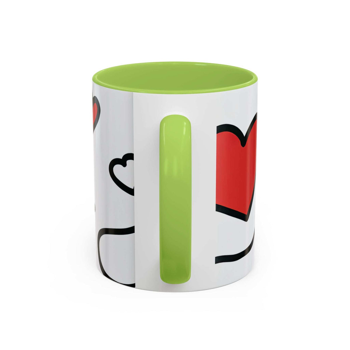 Heart-themed coffee mug, white with red hearts and green stripe, green rim and handle