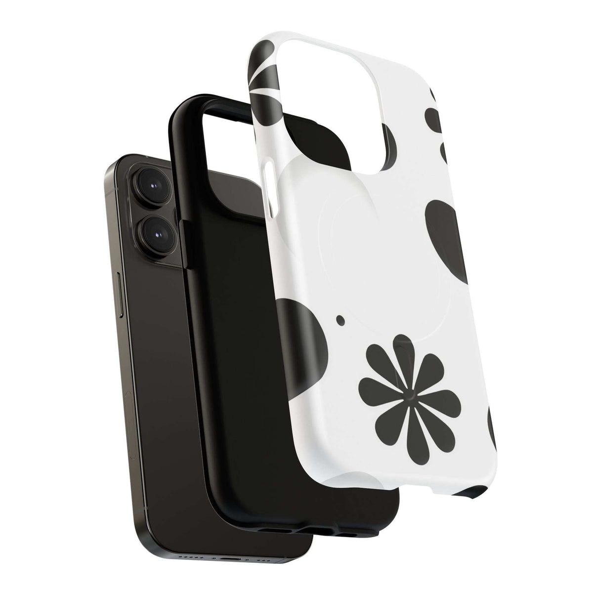 Protective phone case, white with black flower and dot pattern, front camera cutout visible
