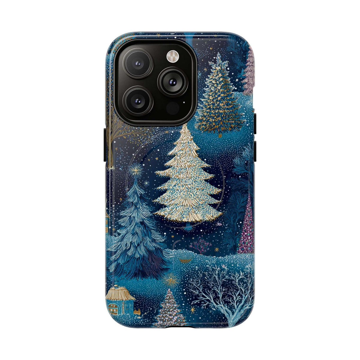 Glossy blue phone case with gold pine tree scene and winter stars, camera cutouts and buttons.