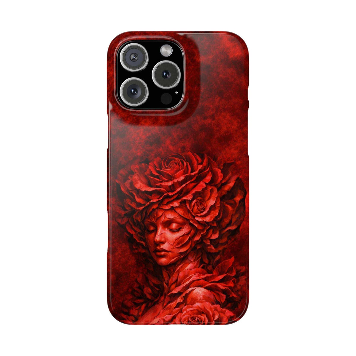 Slim phone case with red floral angel portrait and multi-camera cutout