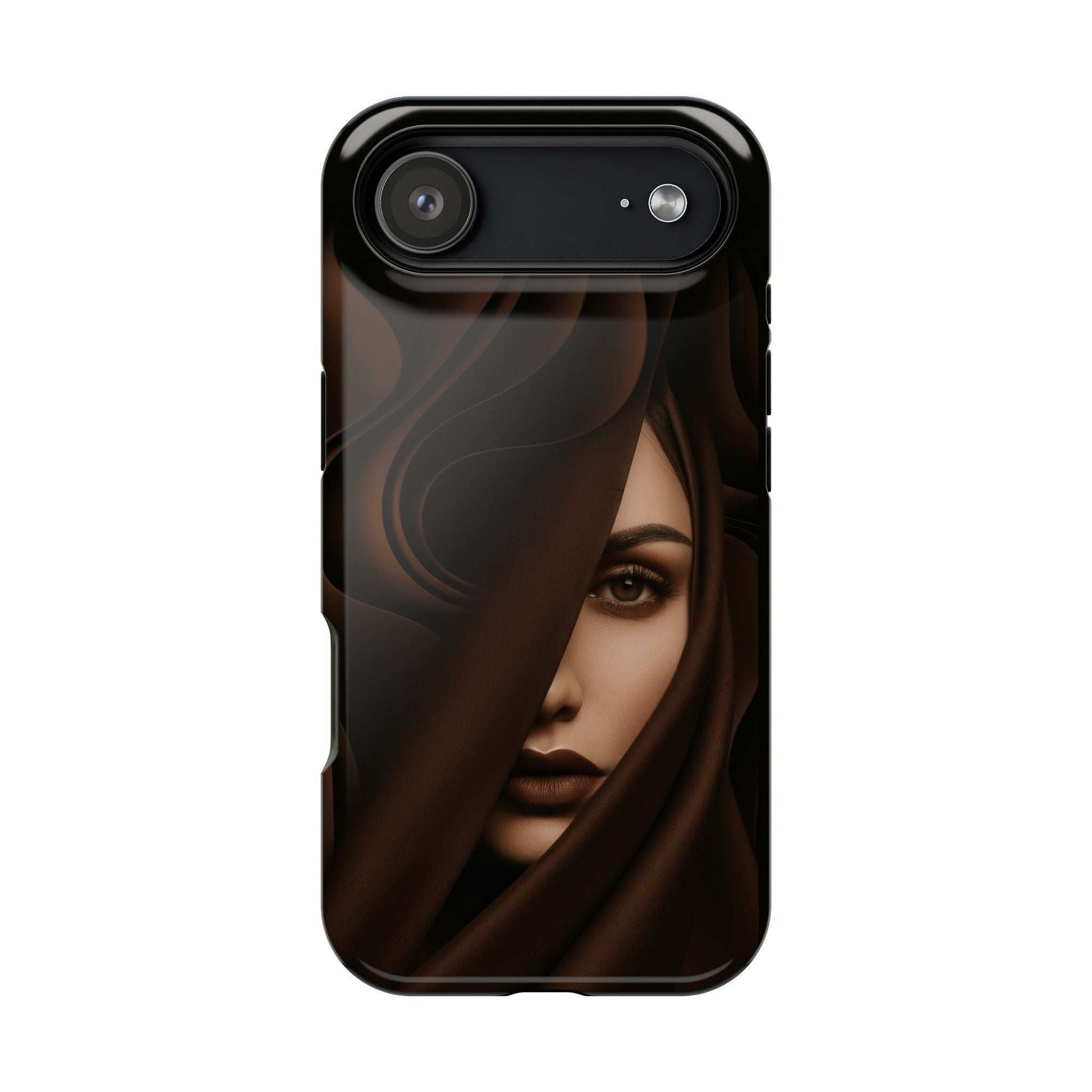Black phone case with moody woman face portrait and top camera module cutout