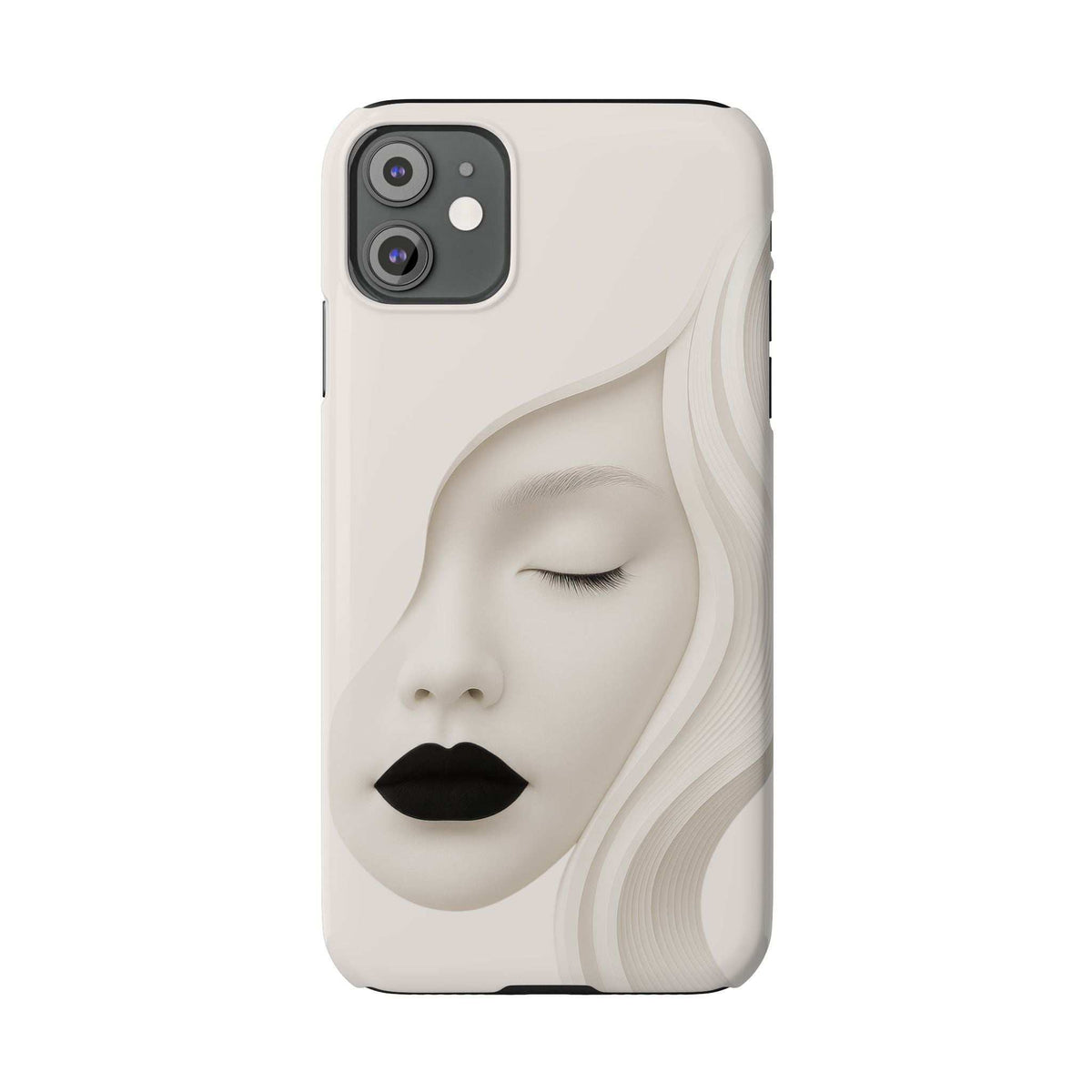 Minimalist face phone case for iPhone 11–17, beige with closed eyes, black lips, side cutouts.