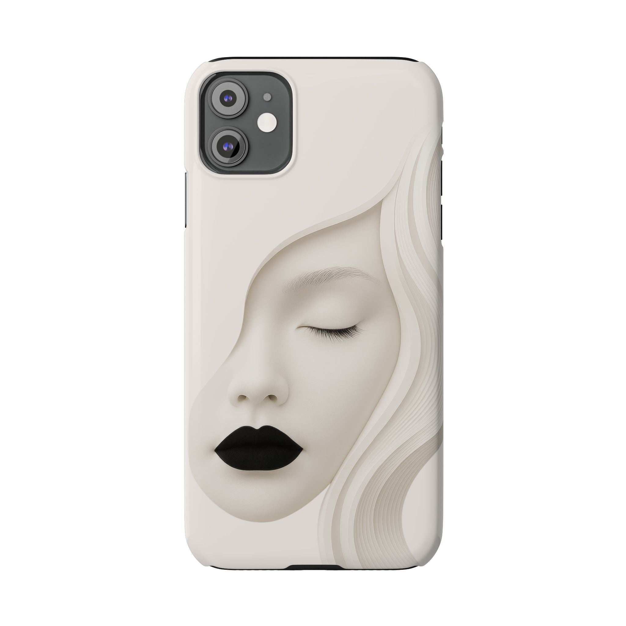 Minimalist face phone case for iPhone 11–17, beige with closed eyes, black lips, side cutouts.