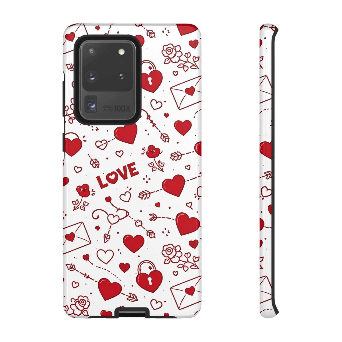 White phone case with red hearts, flowers, and LOVE text; cutouts for the camera and flash.