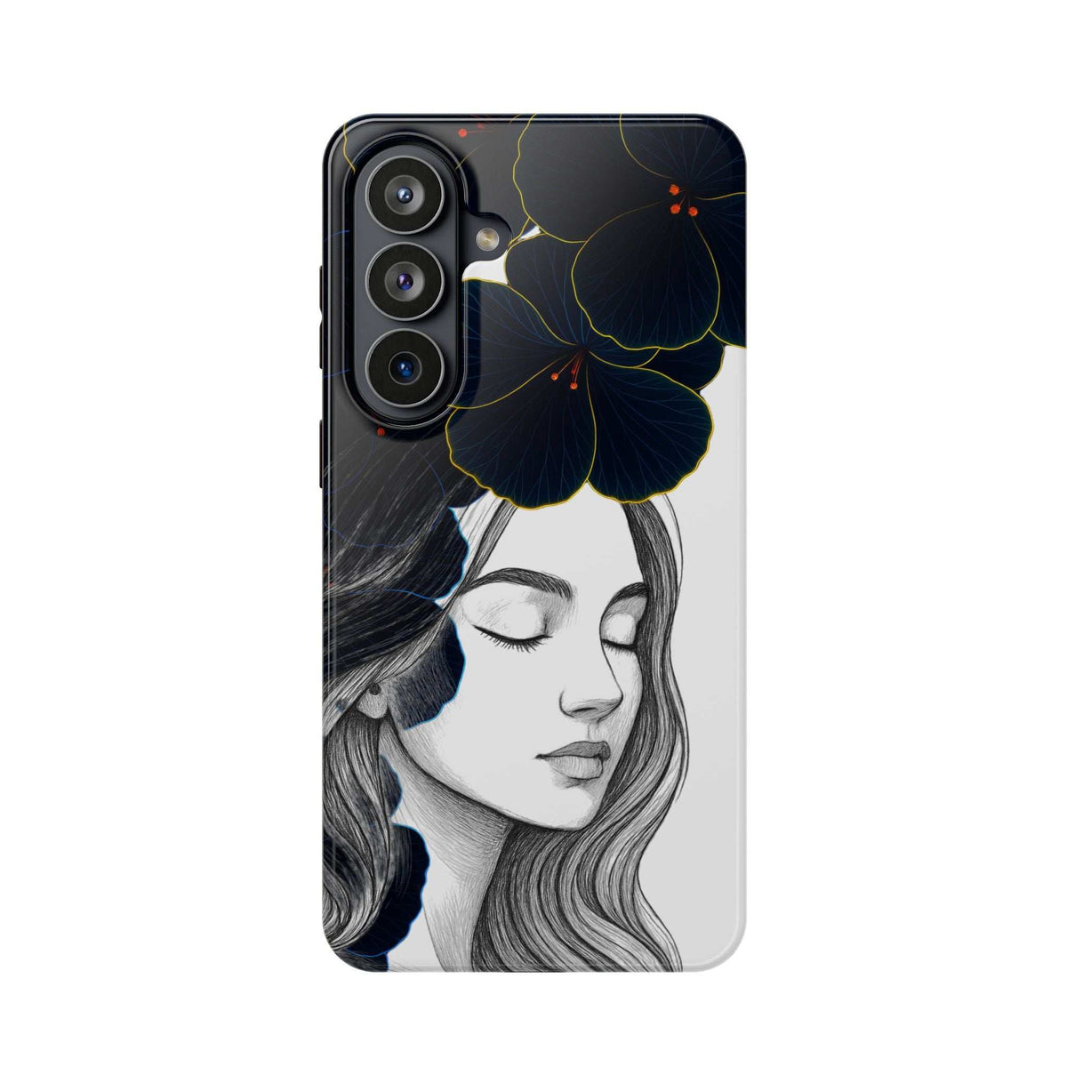 Dark floral phone case with woman portrait and navy flowers, back view with camera cutouts
