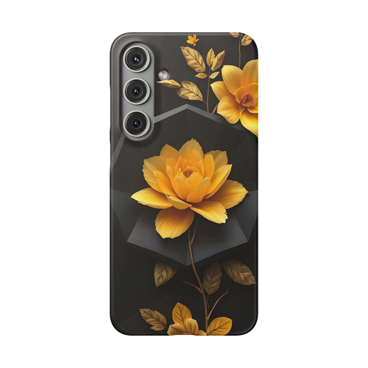 Black phone case featuring a large yellow flower with gold leaves, camera cutouts