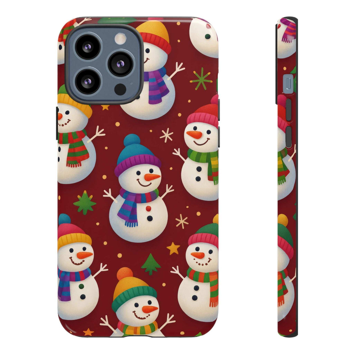 Glossy phone case back with snowman characters and starry holiday accents on red background