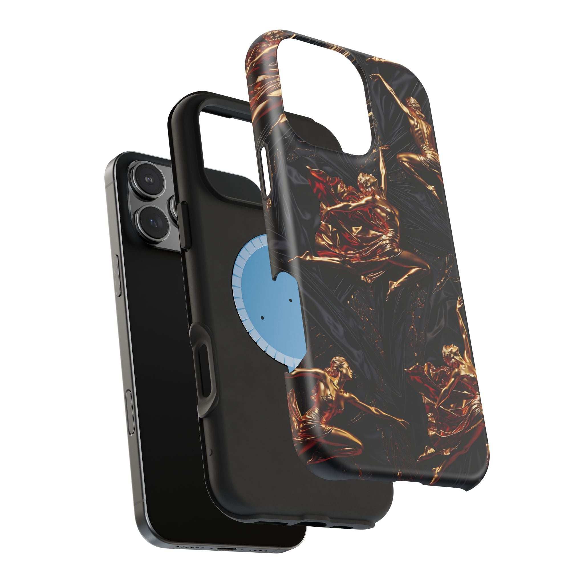 Black phone case with gold sculpted figures, thick bumper edges and camera cutouts.