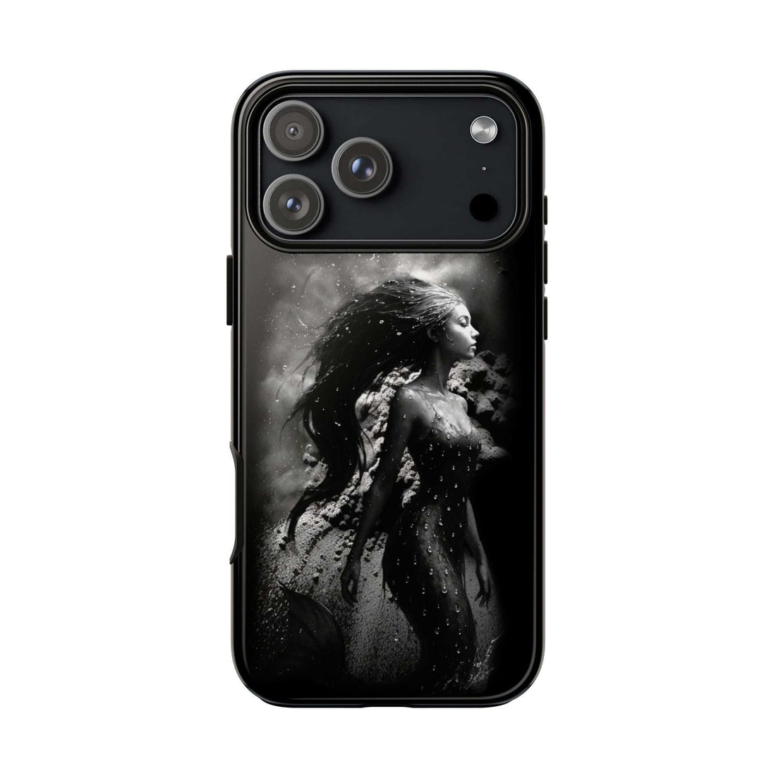 Black phone case back showing grayscale mermaid portrait and camera cluster cutouts.