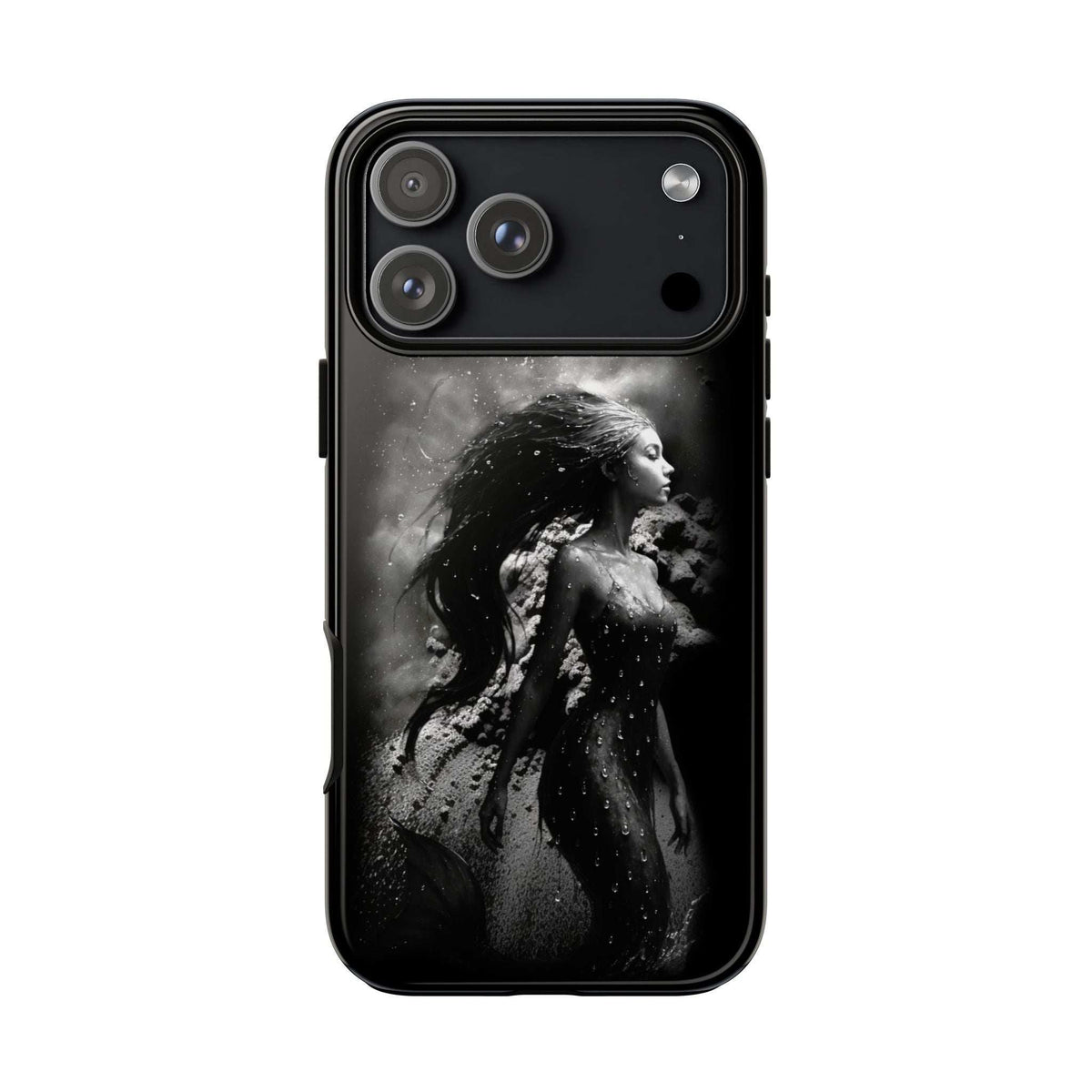 Black phone case back showing grayscale mermaid portrait and camera cluster cutouts.
