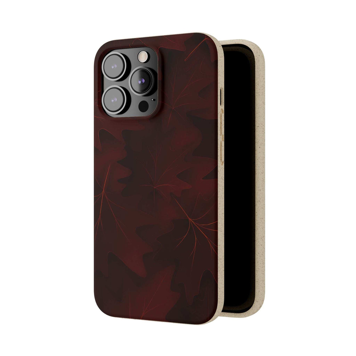 Burgundy leaf-pattern phone case with camera cutouts and raised edges.