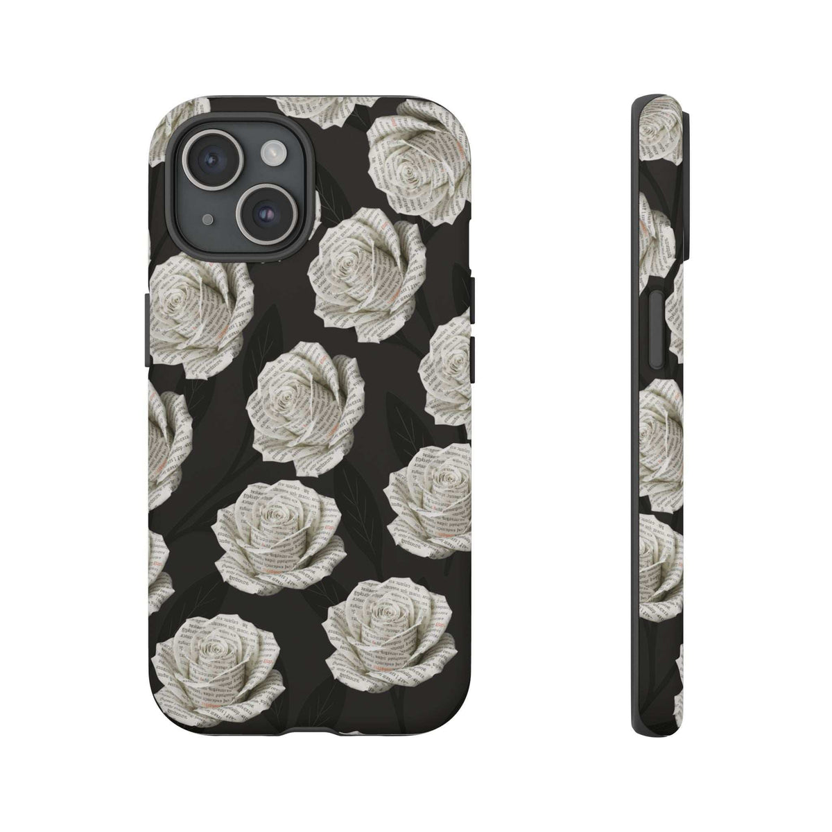 Phone case, black with white rose pattern, triple camera cutout with flash and side buttons