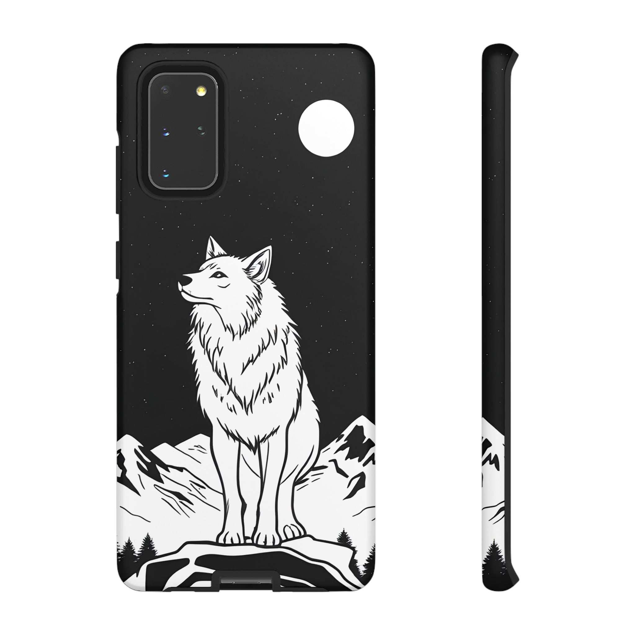 Black phone case with white wolf illustration, starry night pattern, single camera cutout