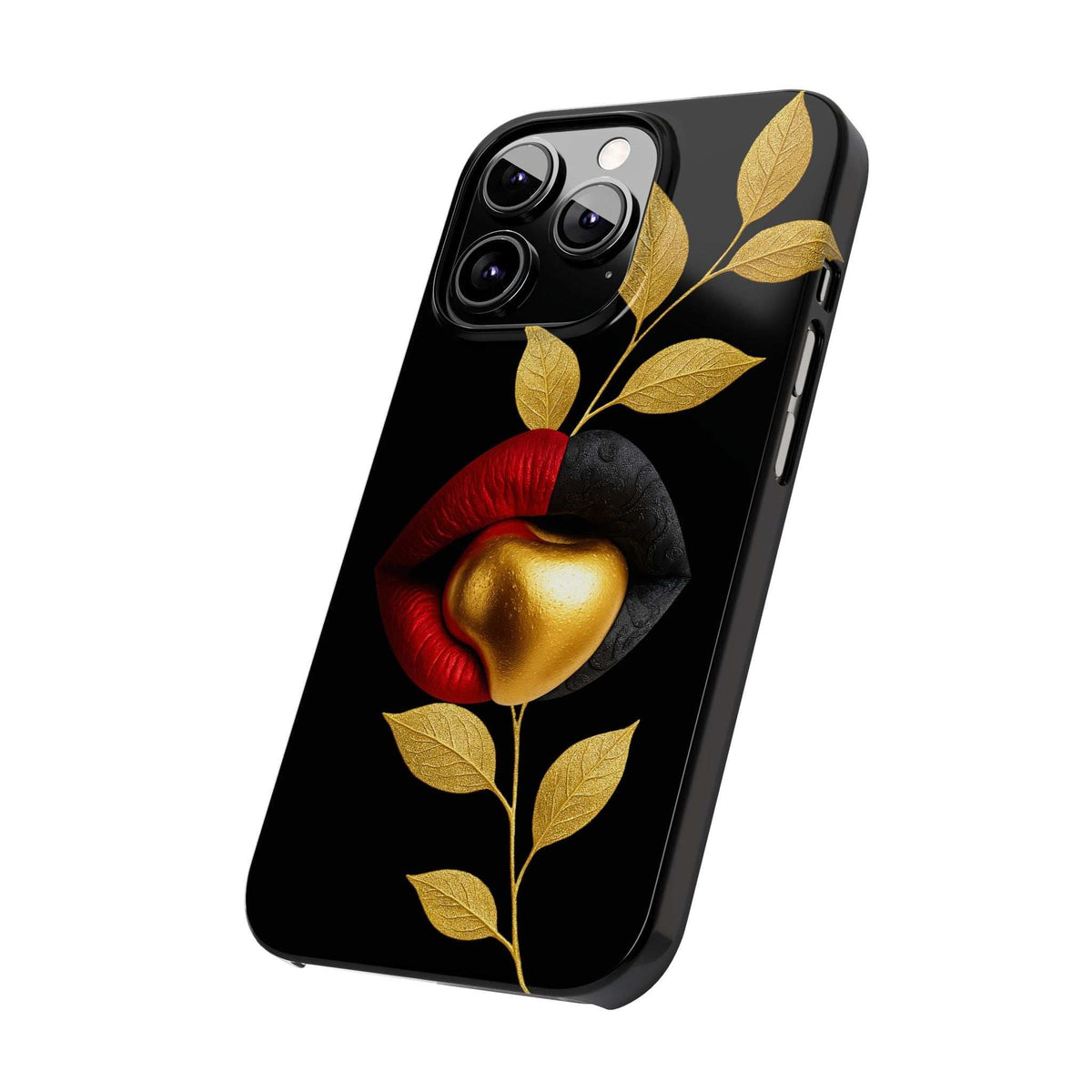 Black phone case for iPhone 11-17 with gold leaves and red rose illustration