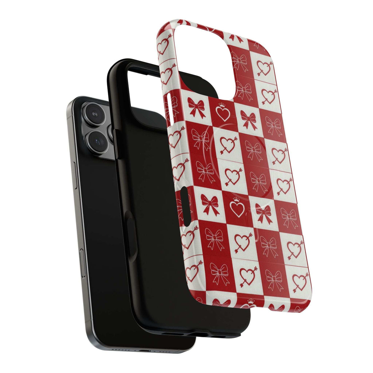 Red-and-white checkered phone case with hearts and bows; visible camera opening.