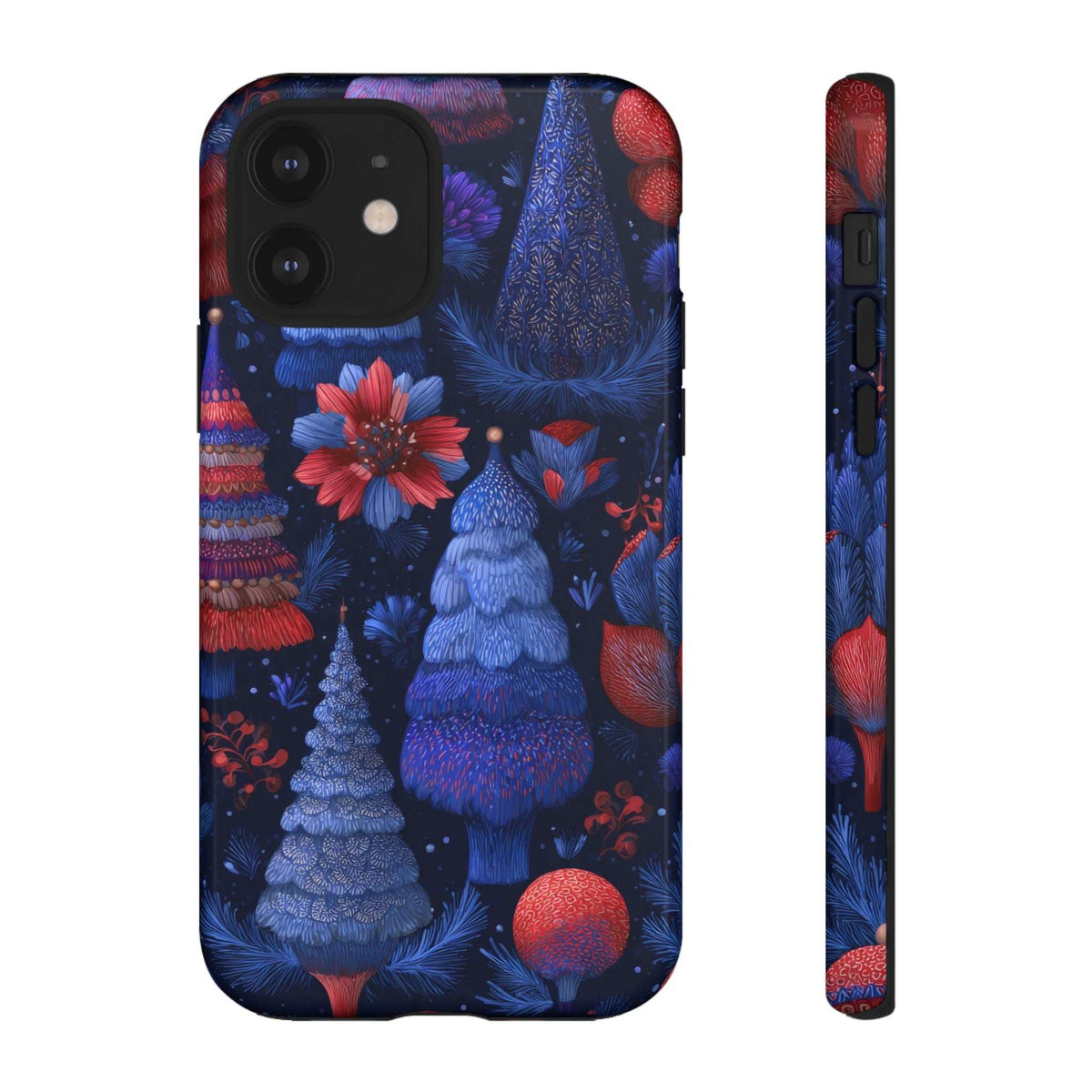 Glossy midnight blue forest phone case with red flower, pine trees, and camera cutouts.