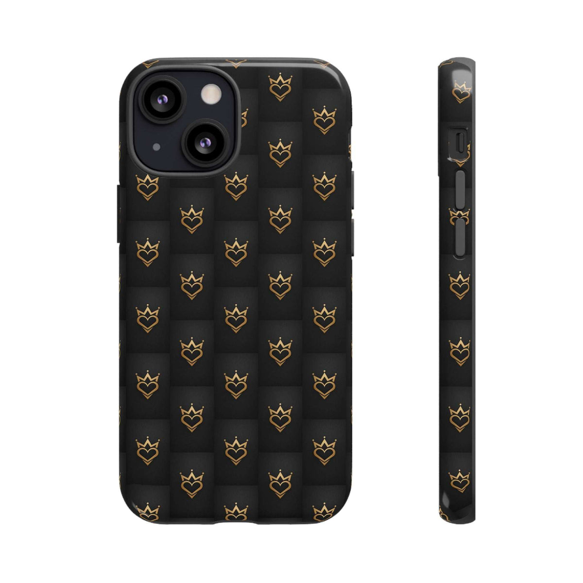 Glossy black phone case with gold crown-and-heart pattern, front camera and sensor cutouts